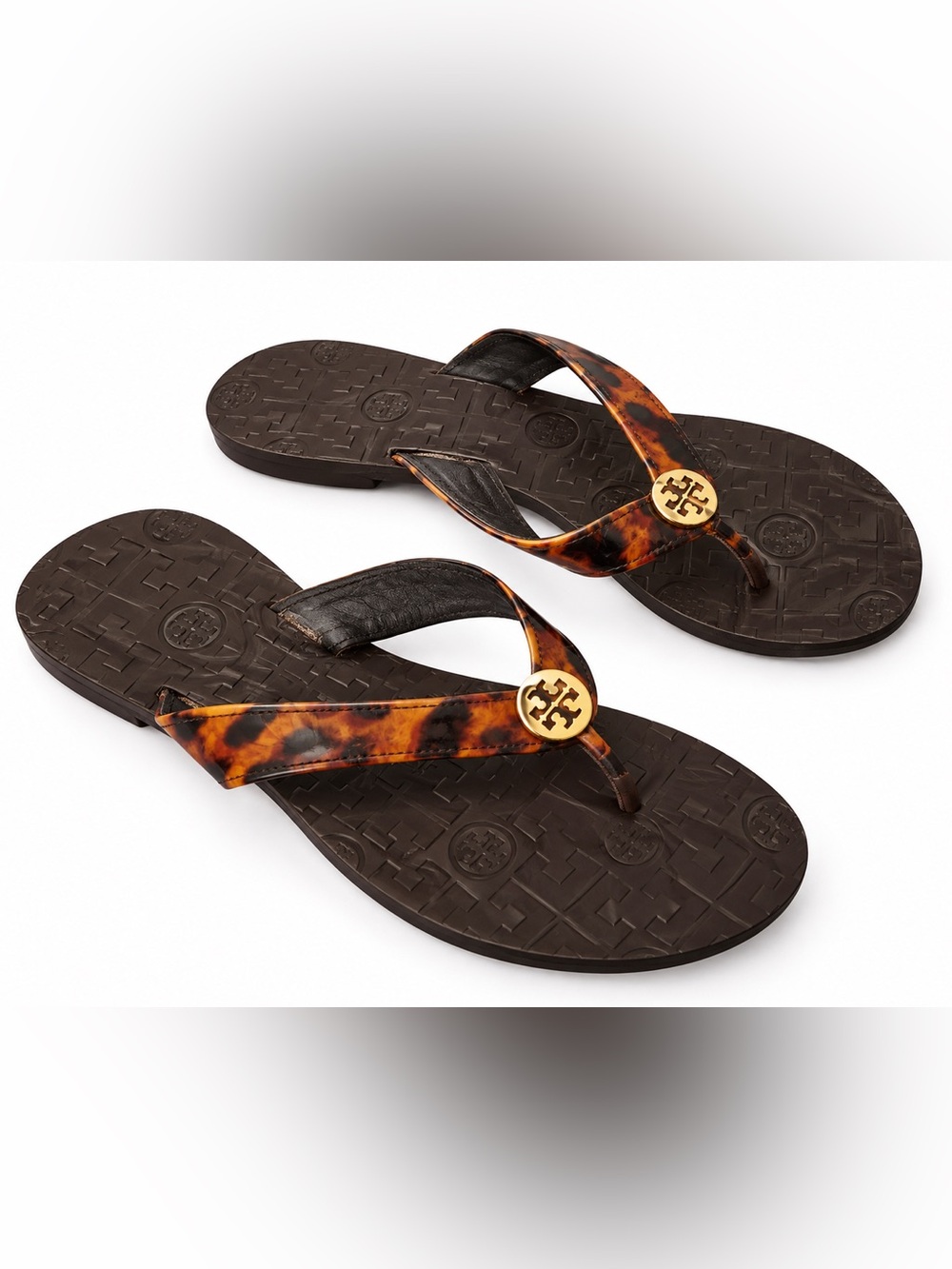 Tory Burch Leopard Thora Tortoise Patent Leather Thong Sandals US Women Size 5.5